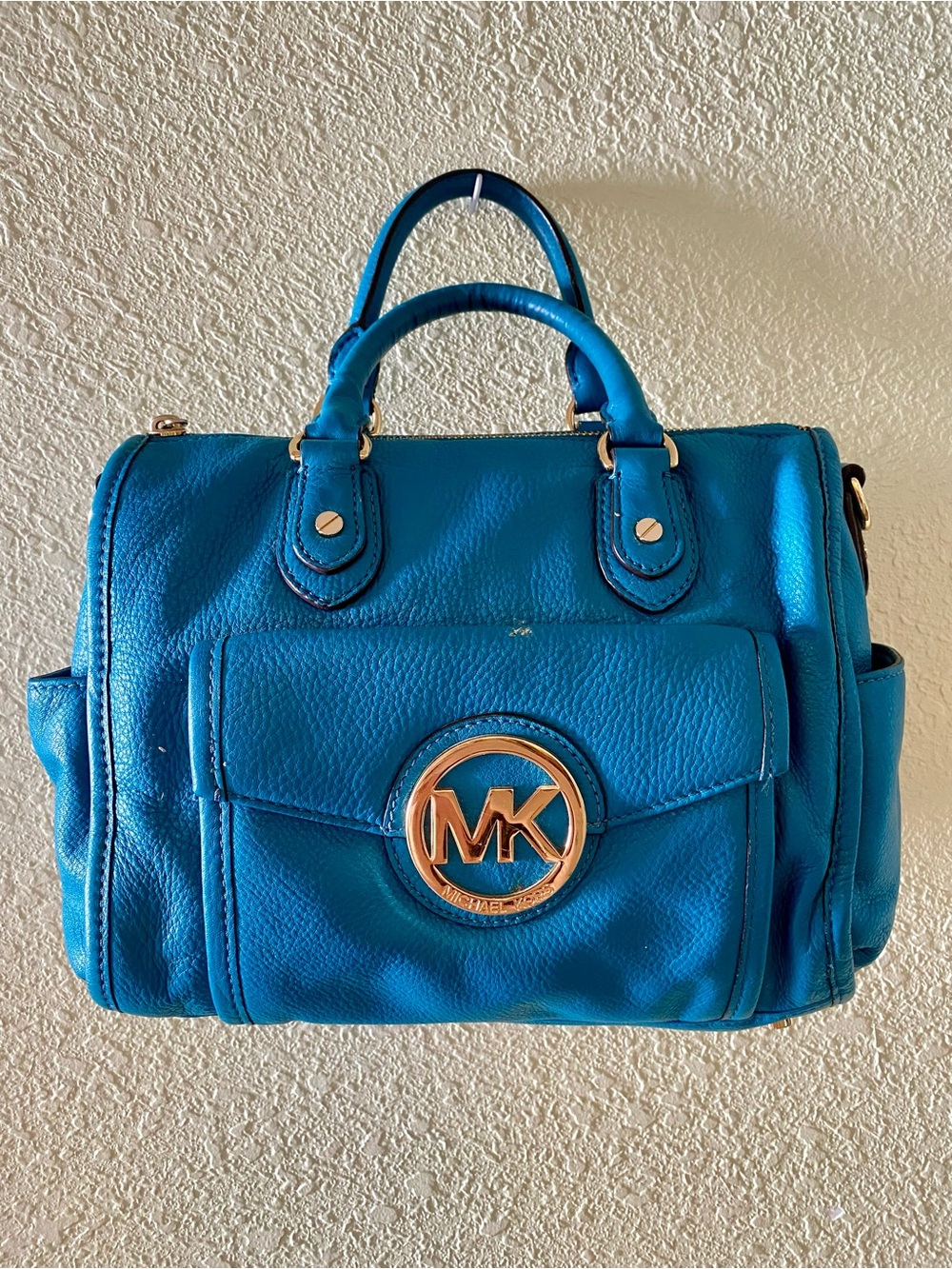 Michael Kors Bright Teal Leather Satchel with Gold MK Logo
